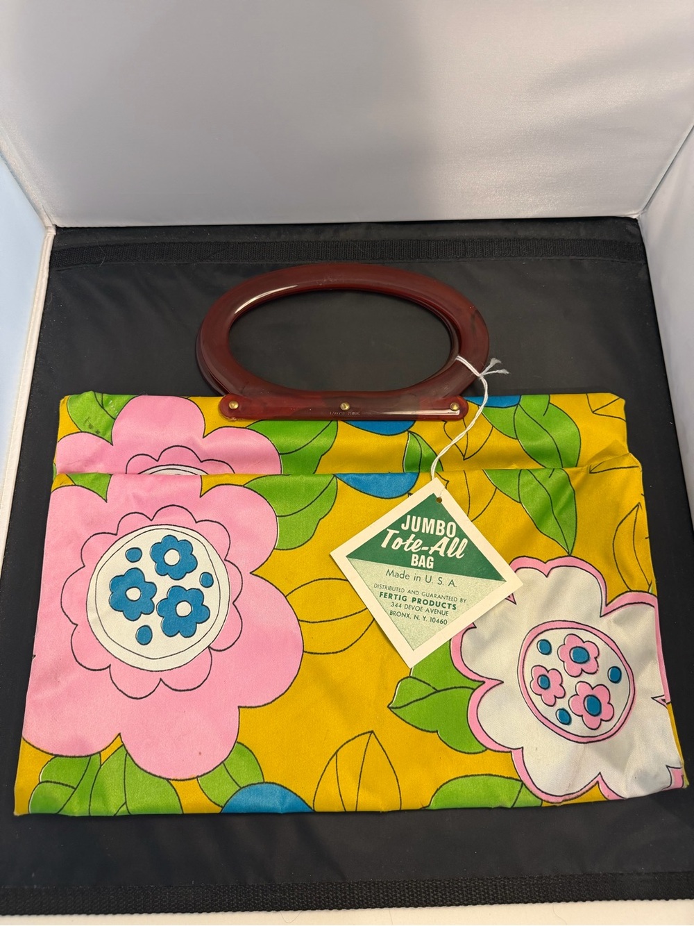 Lady's Pride Tote Purse Women's Vintage 70s Blue Pink White Yellow Floral Fold